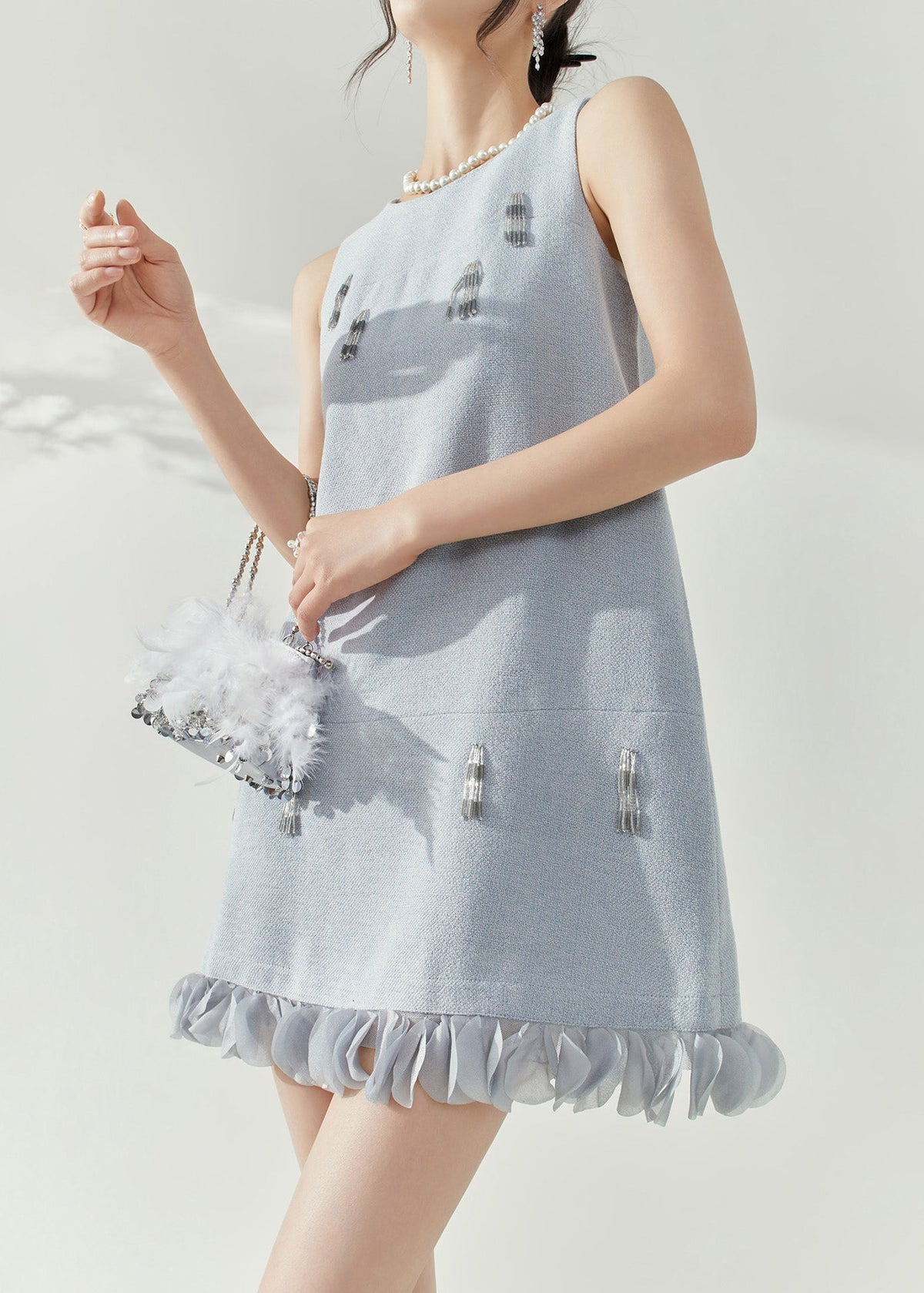 Boucle Tweed Round Neck Sleeveless Beaded Fringe Ruffle Hem Mini Dress