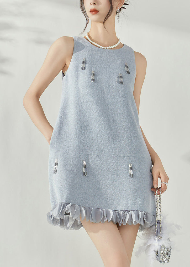 Boucle Tweed Round Neck Sleeveless Beaded Fringe Ruffle Hem Mini Dress - View 2