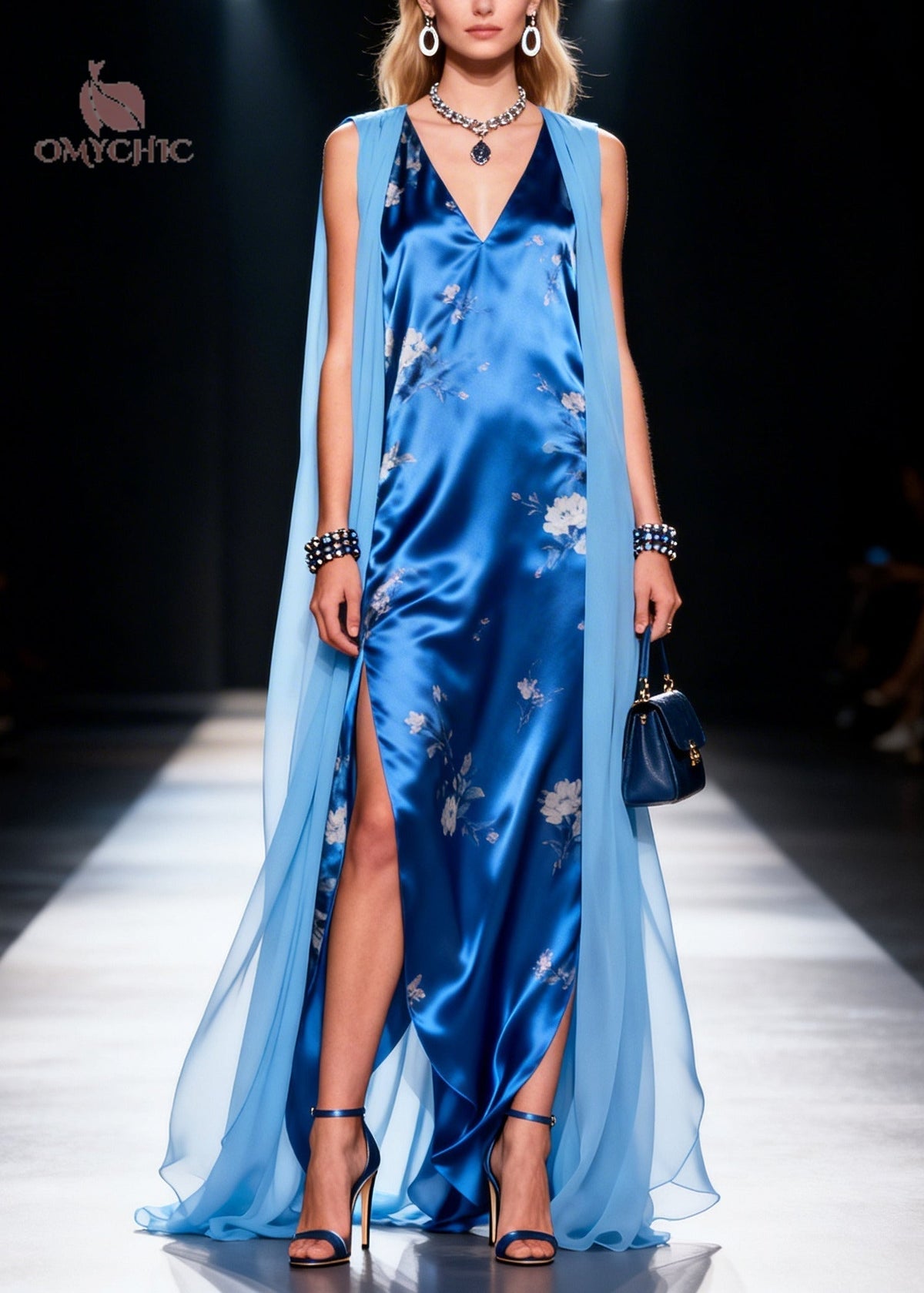 Floral Print V-Neck Sleeveless Attached Cape High Split Maxi Gown