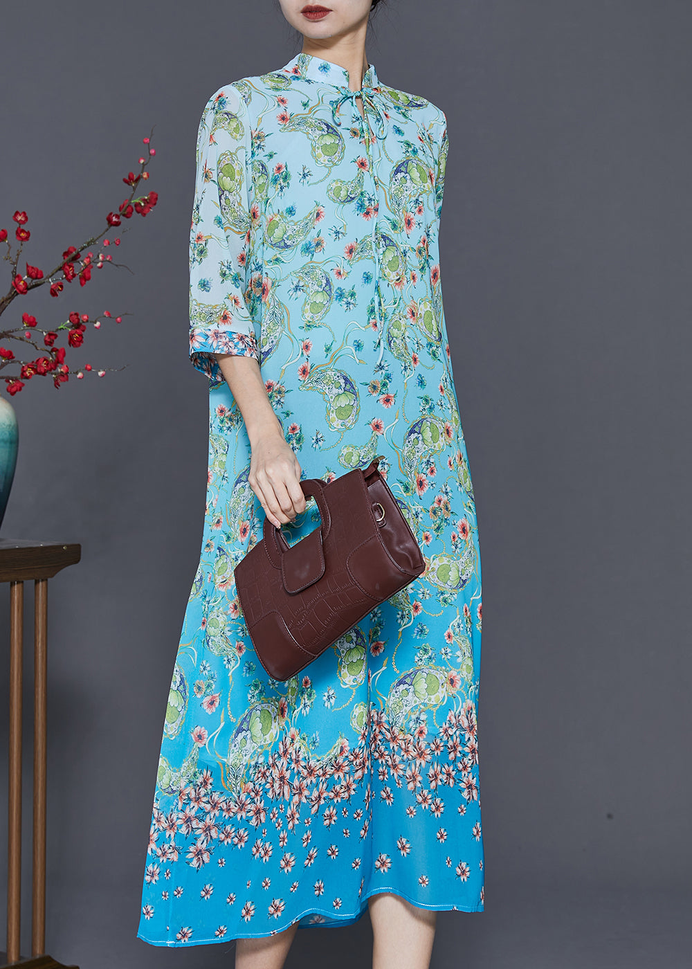 Paisley Print Mandarin Collar Tie Neck Three Quarter Maxi Dress