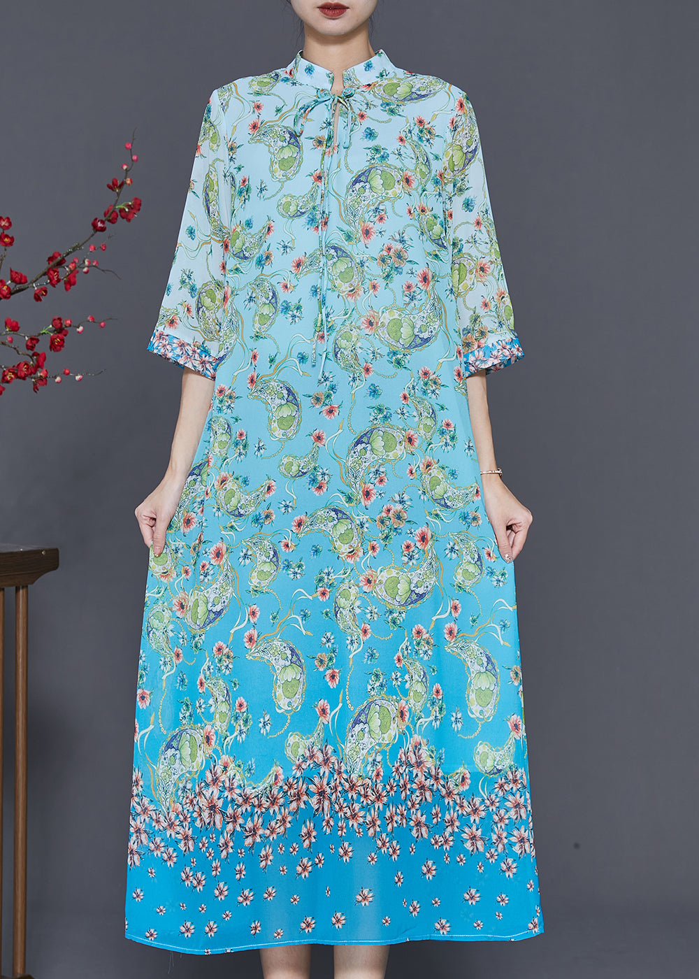 Paisley Print Mandarin Collar Tie Neck Three Quarter Maxi Dress - View 2