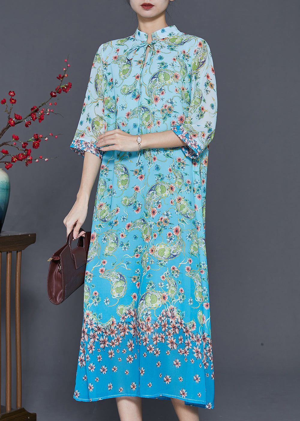 Paisley Print Mandarin Collar Tie Neck Three Quarter Maxi Dress - View 3