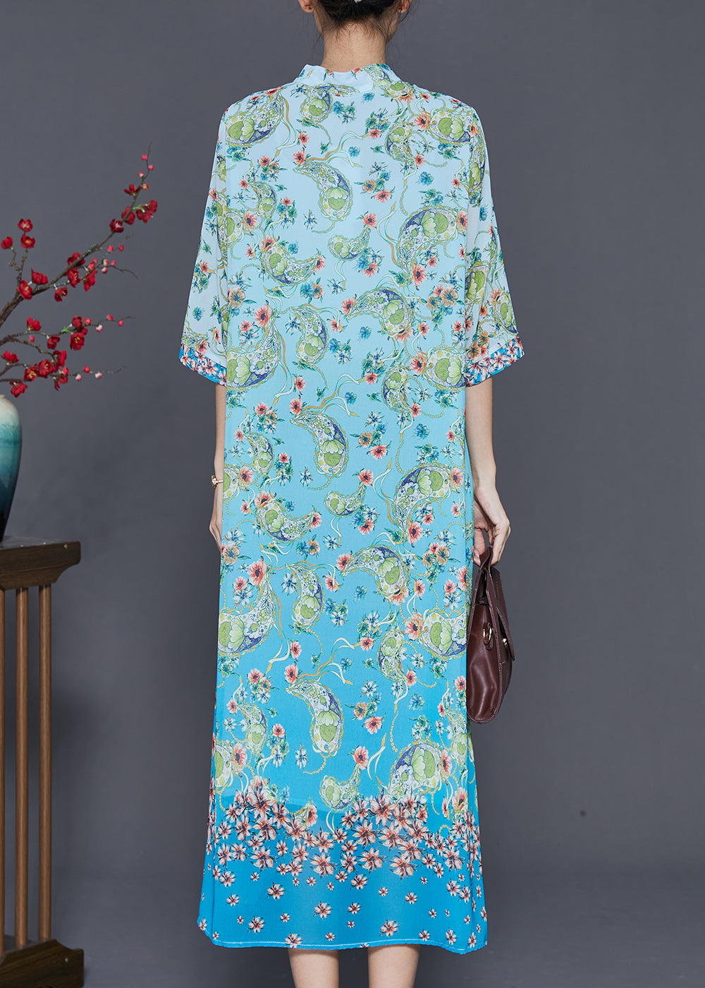 Paisley Print Mandarin Collar Tie Neck Three Quarter Maxi Dress - View 4