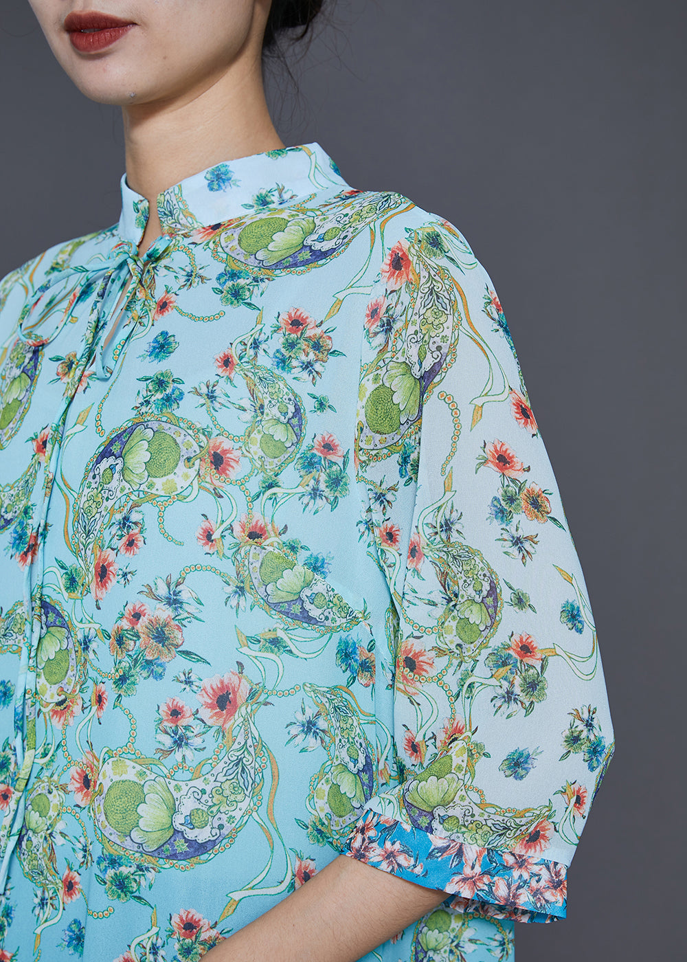 Paisley Print Mandarin Collar Tie Neck Three Quarter Maxi Dress - View 5