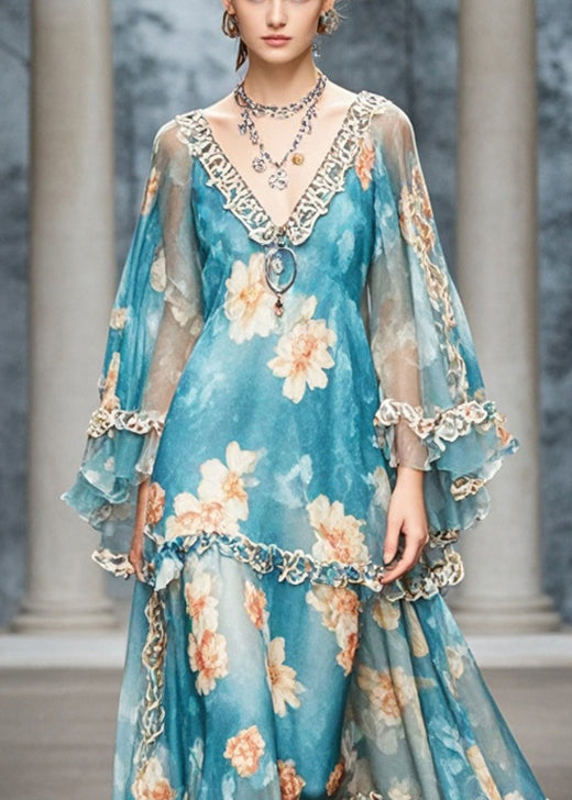 Elegant Blue Ruffled Print Chiffon Long Dress Fall - View 2