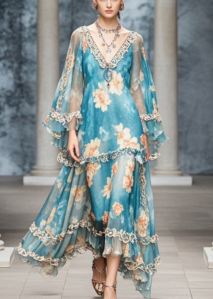 Elegant Blue Ruffled Print Chiffon Long Dress Fall - View 3