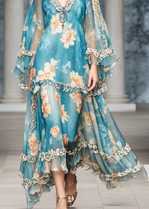 Elegant Blue Ruffled Print Chiffon Long Dress Fall - View 4