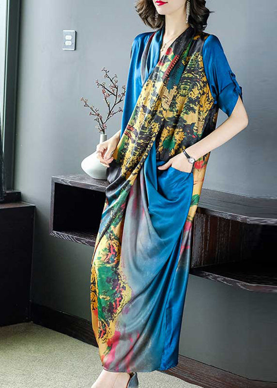 Abstract Landscape Print Satin Wrap V-Neck Maxi Dress