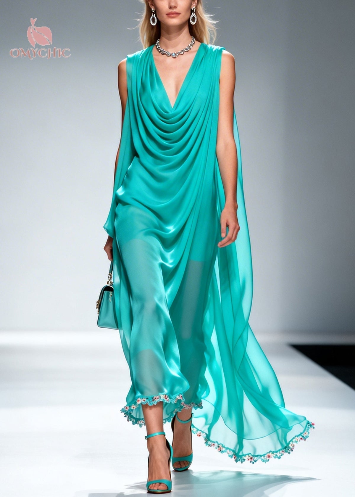 Chiffon Cowl Deep V-Neck Sleeveless Scalloped Floral Maxi Gown