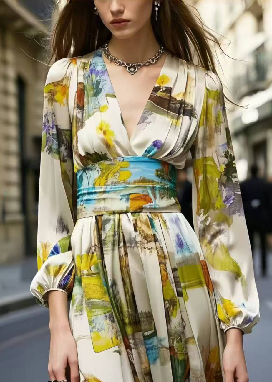 Abstract Print Deep V-Neck Long Sleeve Cinched Waist Midi Dress - View 2