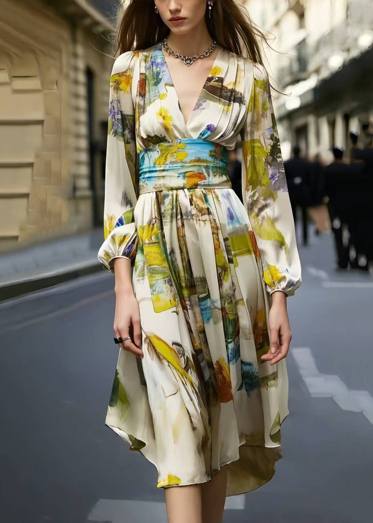 Abstract Print Deep V-Neck Long Sleeve Cinched Waist Midi Dress - View 5