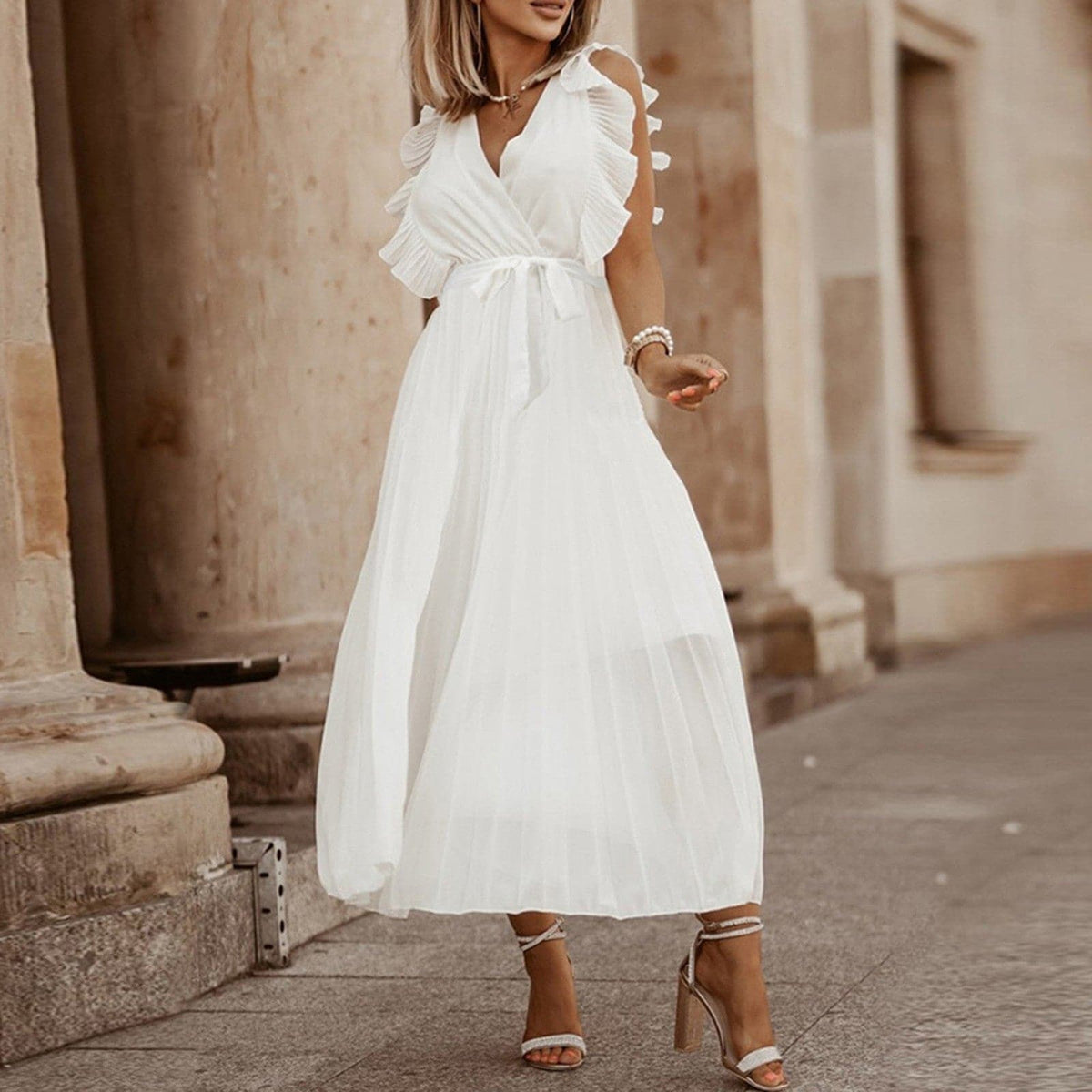 Chiffon Deep V-Neck Ruffle Shoulder Tie Waist Midi Cocktail Dress - View 8