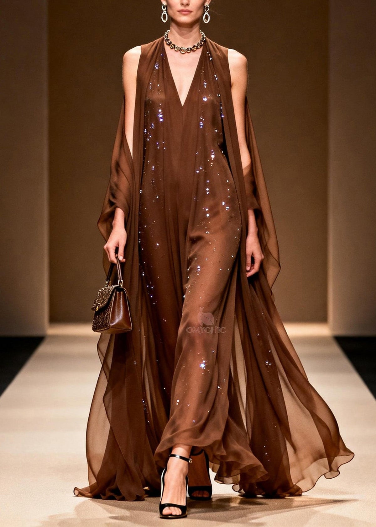 Elegant Coffee Cold Shoulder Zircon Chiffon Maxi Dresses Sleeveless - View 3