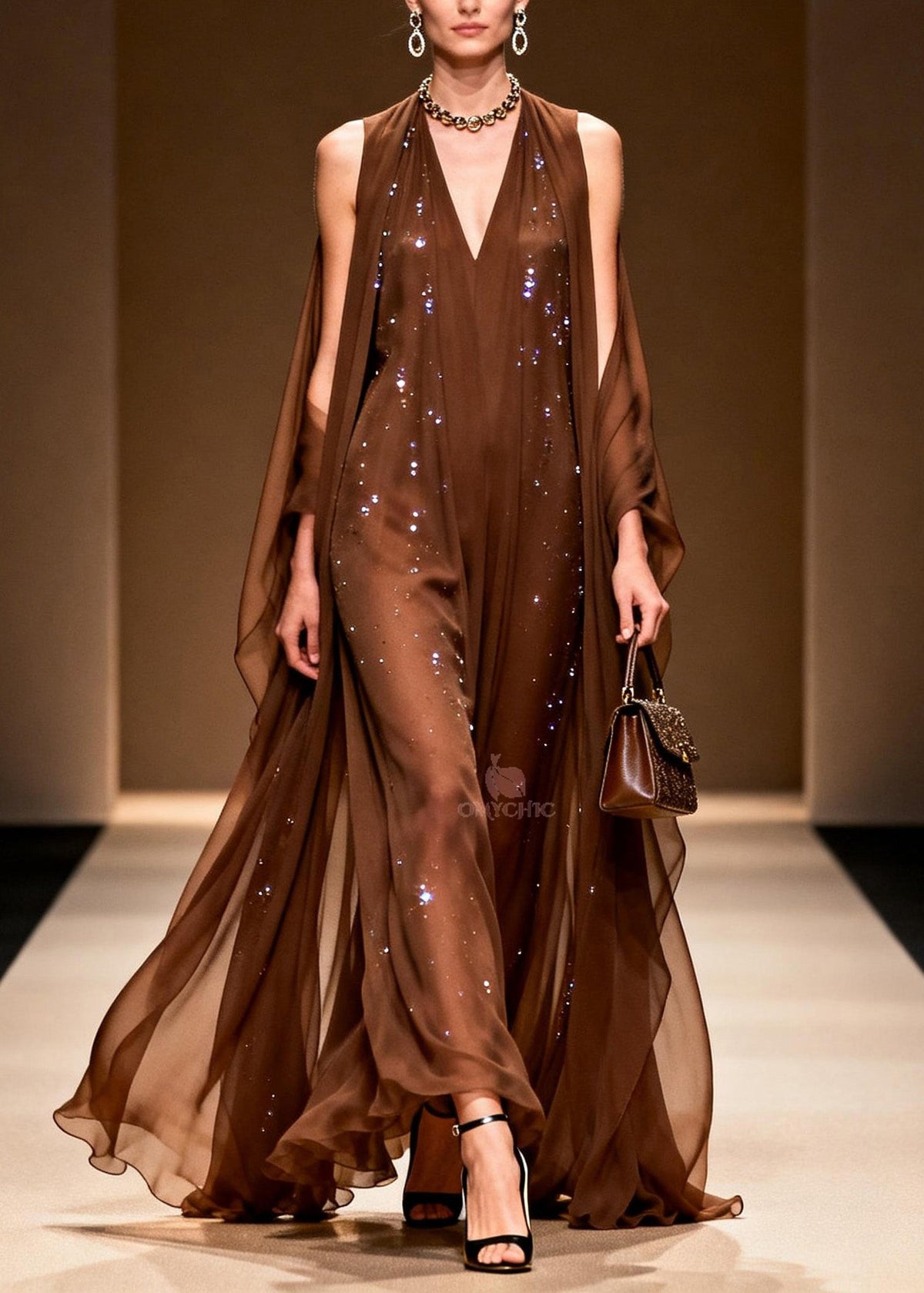 Elegant Coffee Cold Shoulder Zircon Chiffon Maxi Dresses Sleeveless - View 5