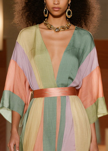 Vertical Stripe Deep V-Neck Sleeve Belted Midi Dress - View 2