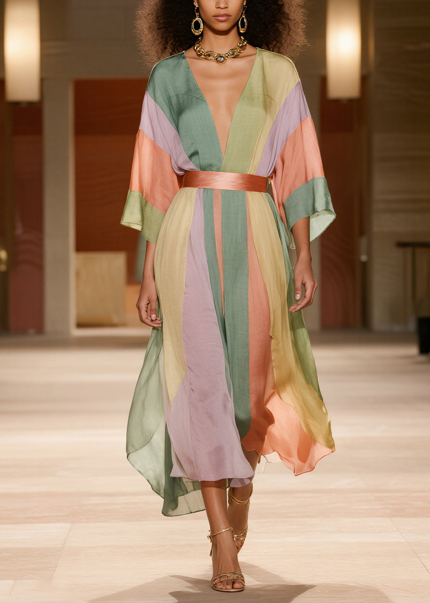 Vertical Stripe Deep V-Neck Sleeve Belted Midi Dress - View 3