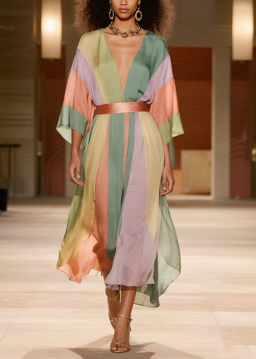 Vertical Stripe Deep V-Neck Sleeve Belted Midi Dress - View 5