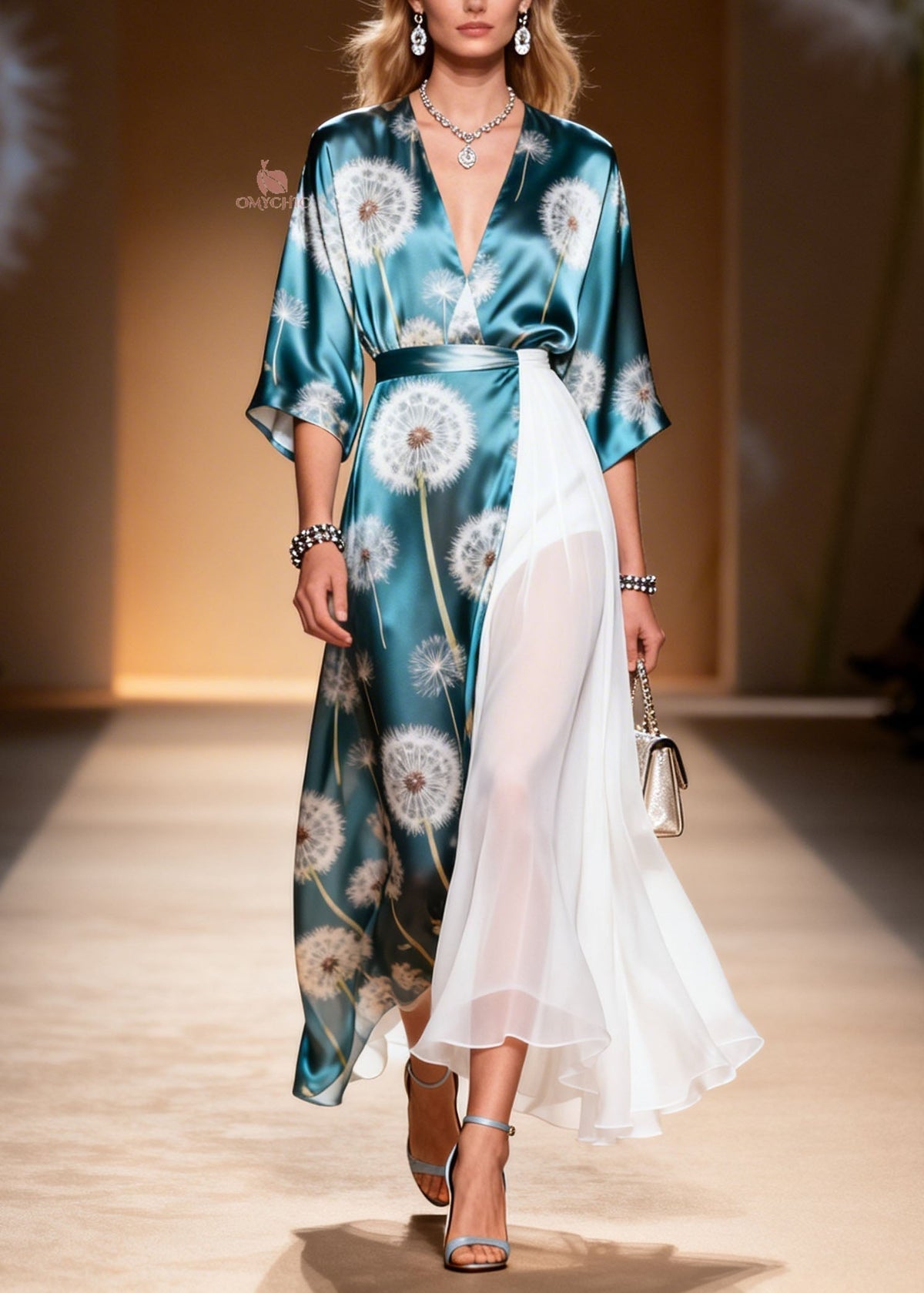 Dandelion Print Wrap Sleeve Deep V-Neck Pleated Maxi Dress