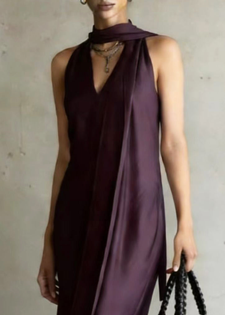 Chiffon Halter Neck Scarf Tie Deep V-Neck Column Maxi Gown - View 2