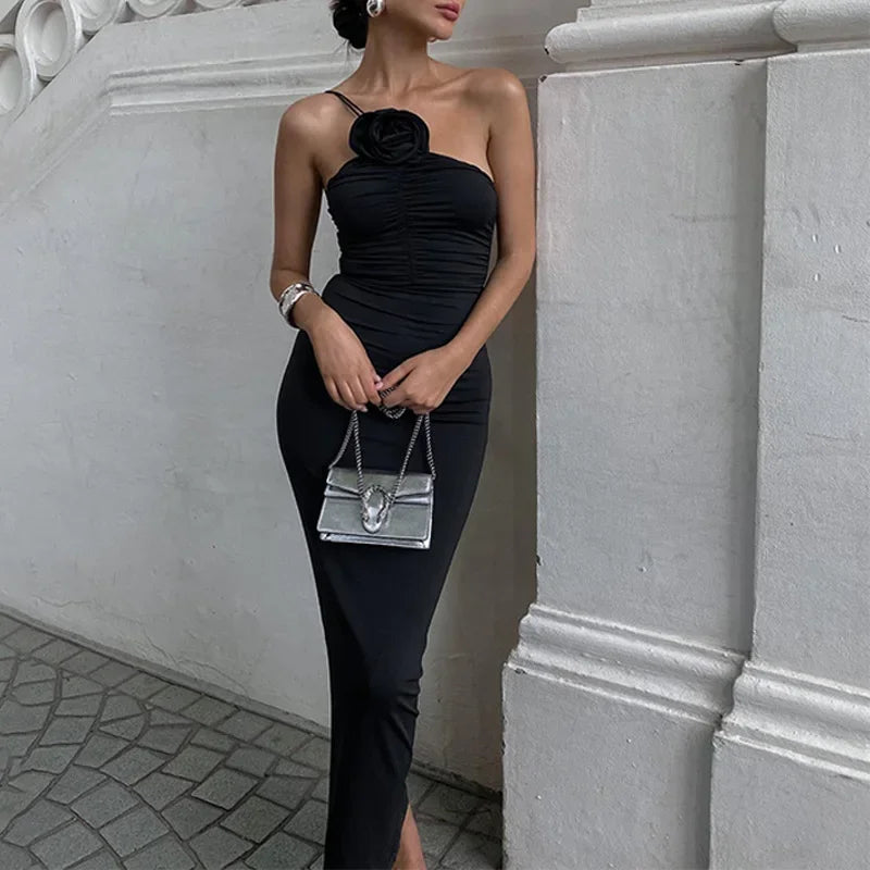 Floral Applique Ruched Summer Irregular Sleeveless Party Club Maxi Dress Black / S