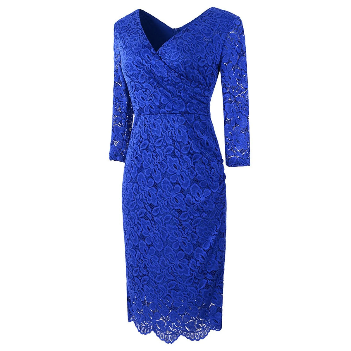 Lace V-Neck Long Sleeve Ruched Wrap Midi Dress - View 5