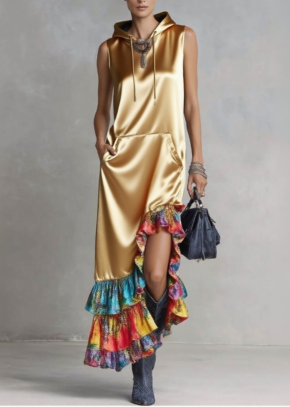 Satin Hooded Sleeveless Kangaroo Pocket Tiered Ruffle Maxi Dress - View 5