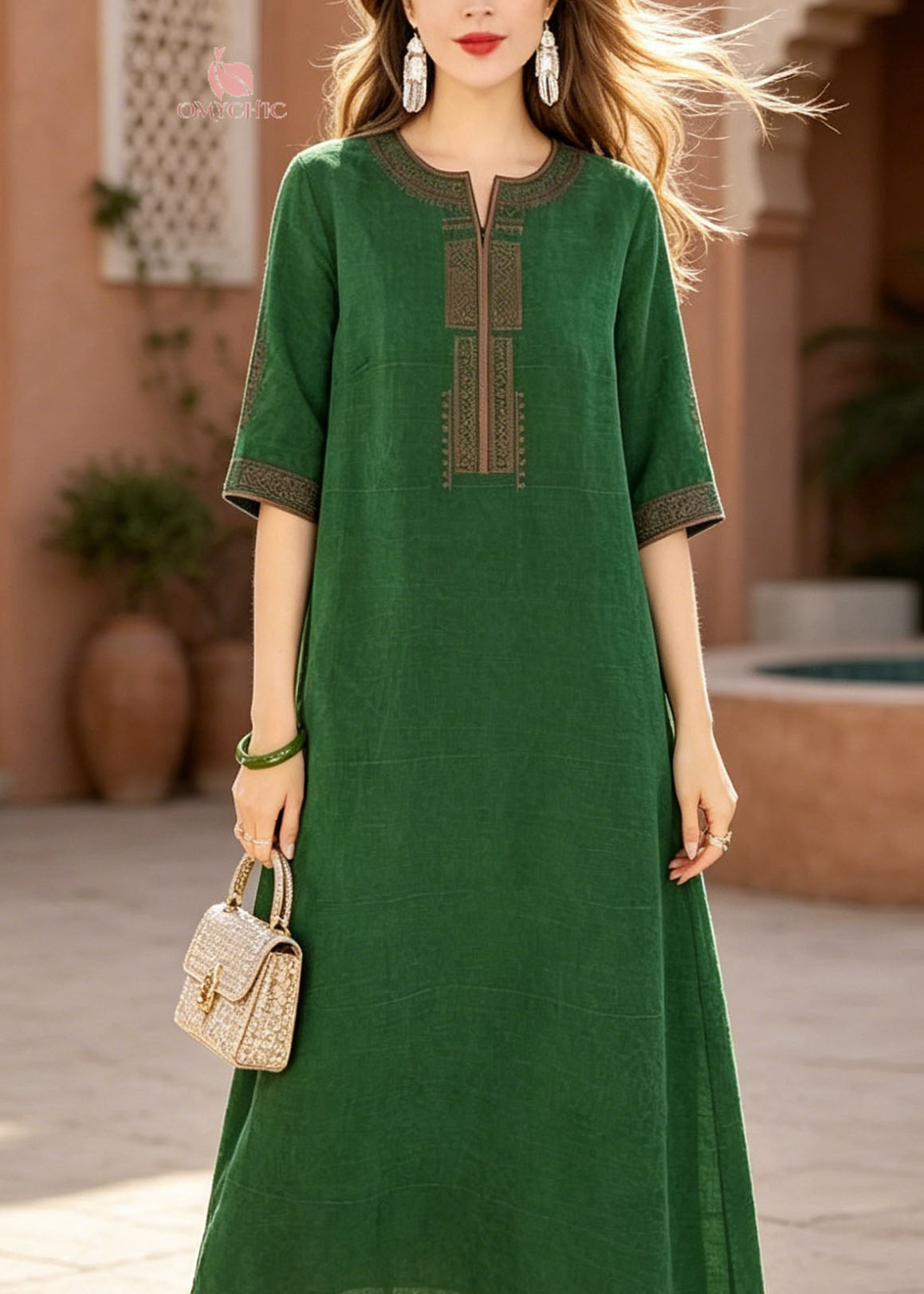 Woven Embroidered Round Neck Half Sleeve Shift Midi Dress - View 2