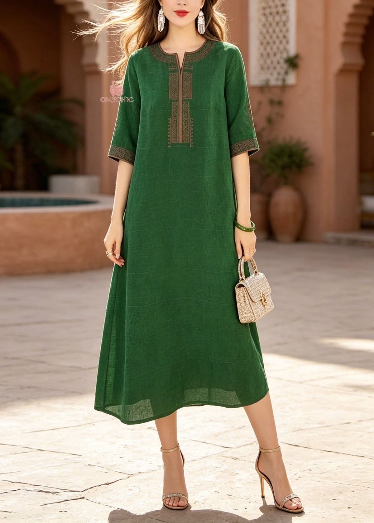 Woven Embroidered Round Neck Half Sleeve Shift Midi Dress - View 3