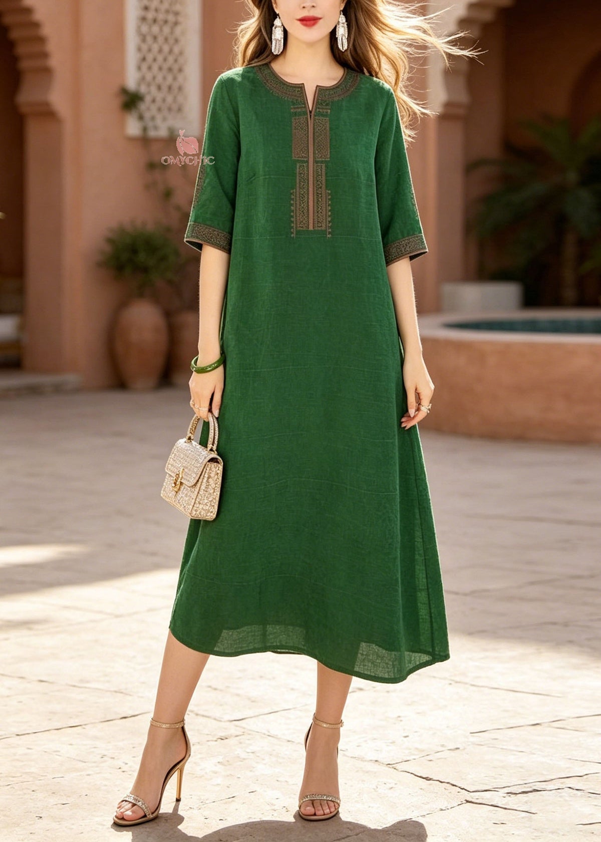 Woven Embroidered Round Neck Half Sleeve Shift Midi Dress - View 5