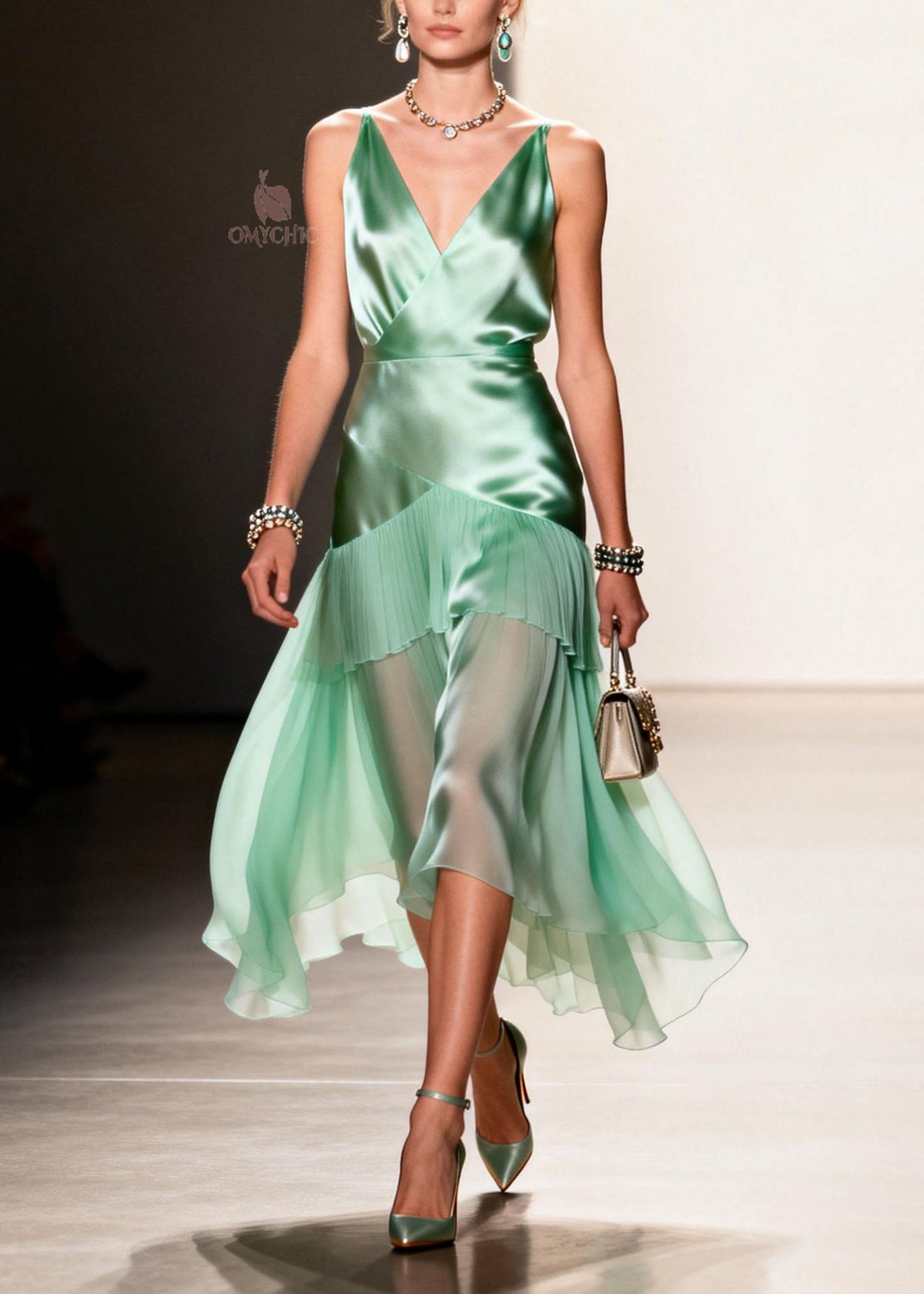 Elegant Green Ruffled Patchwork Chiffon Spaghetti Strap Dress Summer - View 3