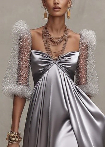 Elegant Grey Exra Large Hem Patchwork Tulle Evening Dress Puff Sleeve - View 2