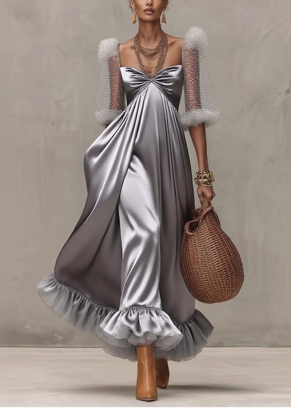 Elegant Grey Exra Large Hem Patchwork Tulle Evening Dress Puff Sleeve - View 3