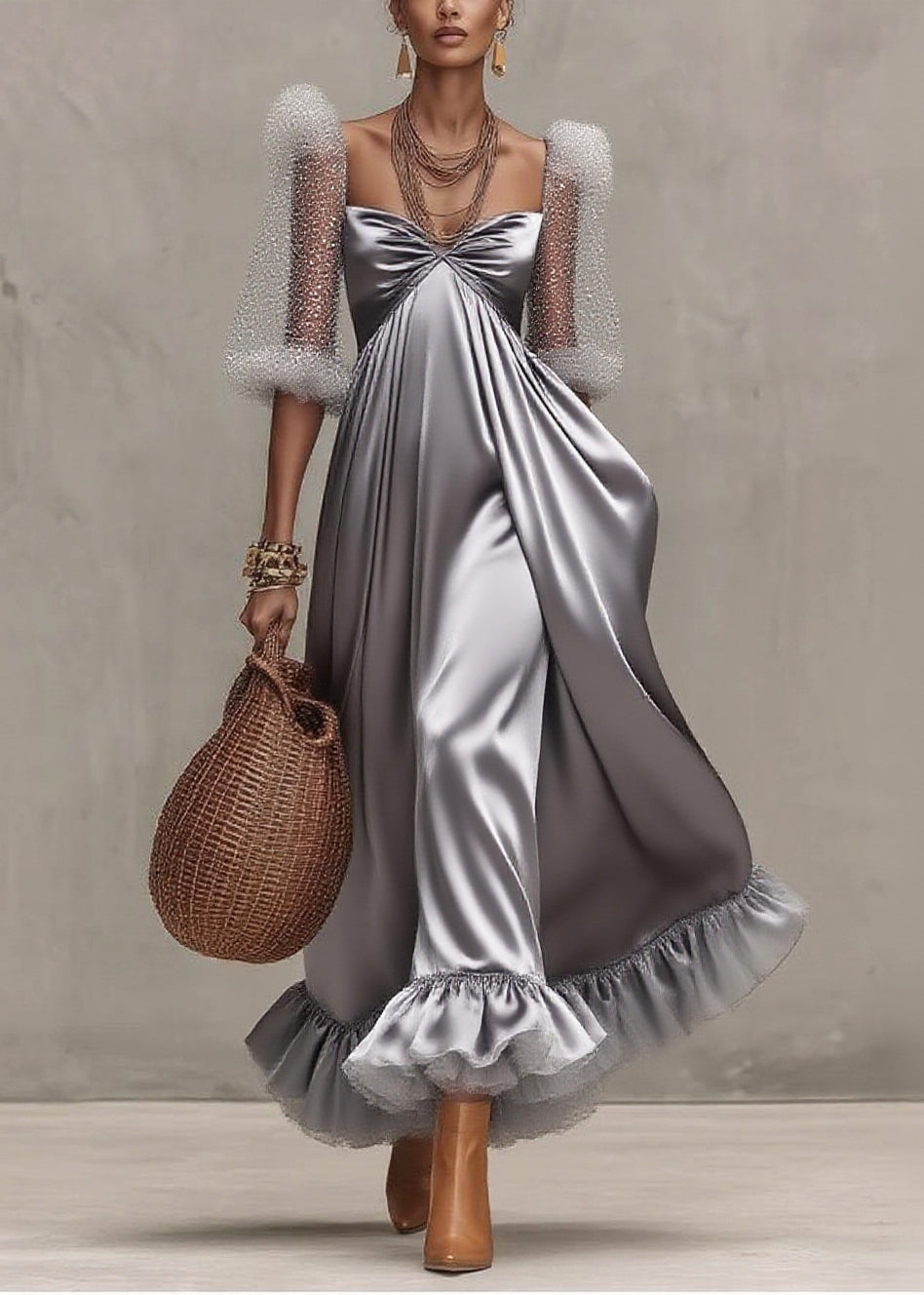 Elegant Grey Exra Large Hem Patchwork Tulle Evening Dress Puff Sleeve - View 5