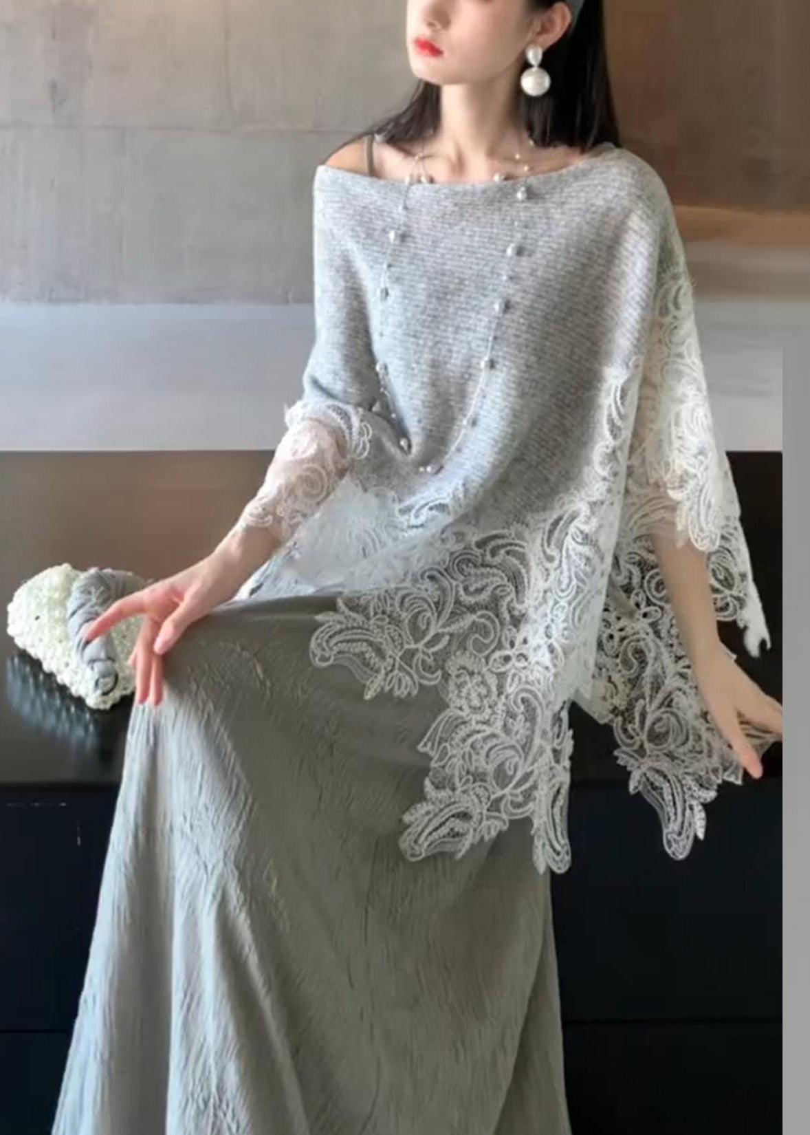 Grey Lace Patchwork Cotton Knit Cape Long Dresses Two Piece Set