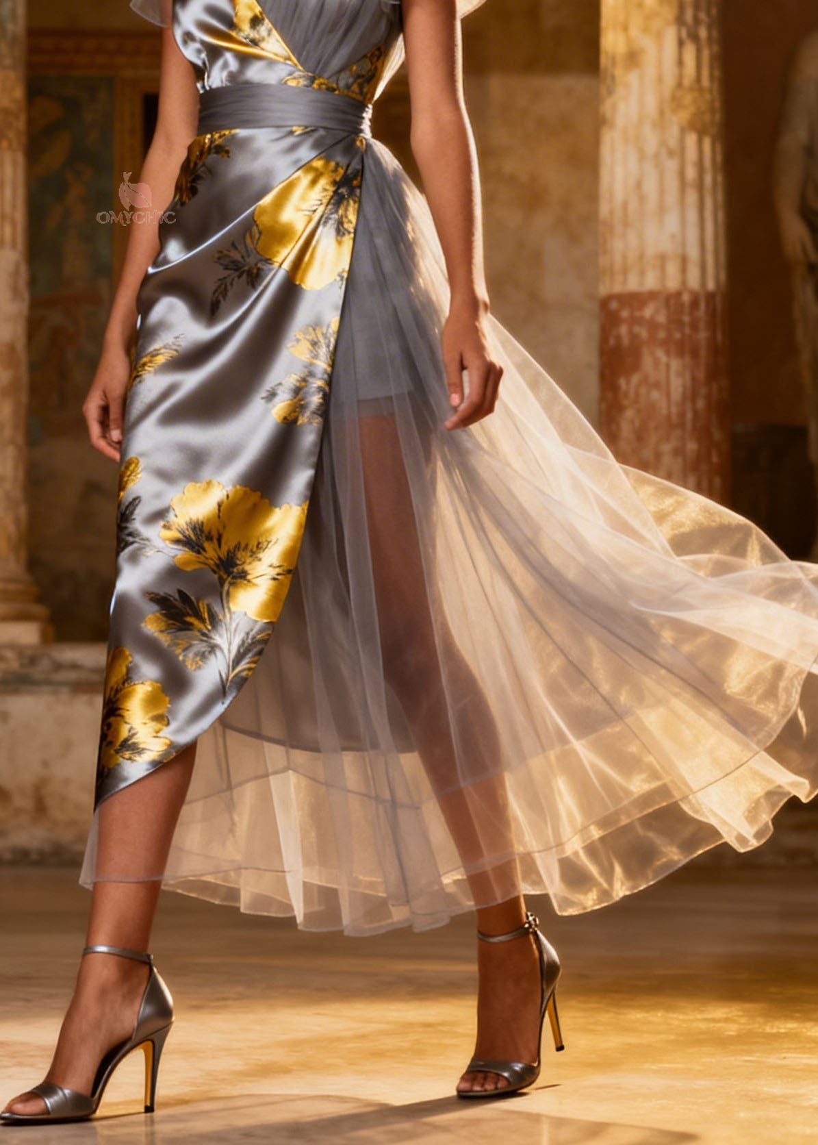 Floral Print Satin Tulle Panel Deep V-Neck Wrap Midi Dress - View 4