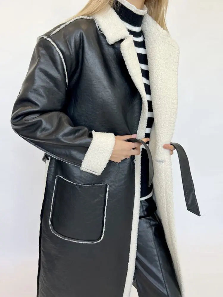 Elegant Lamb Wool PU Leather Belted Overcoat