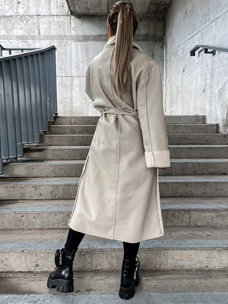 Elegant Lamb Wool PU Leather Belted Overcoat