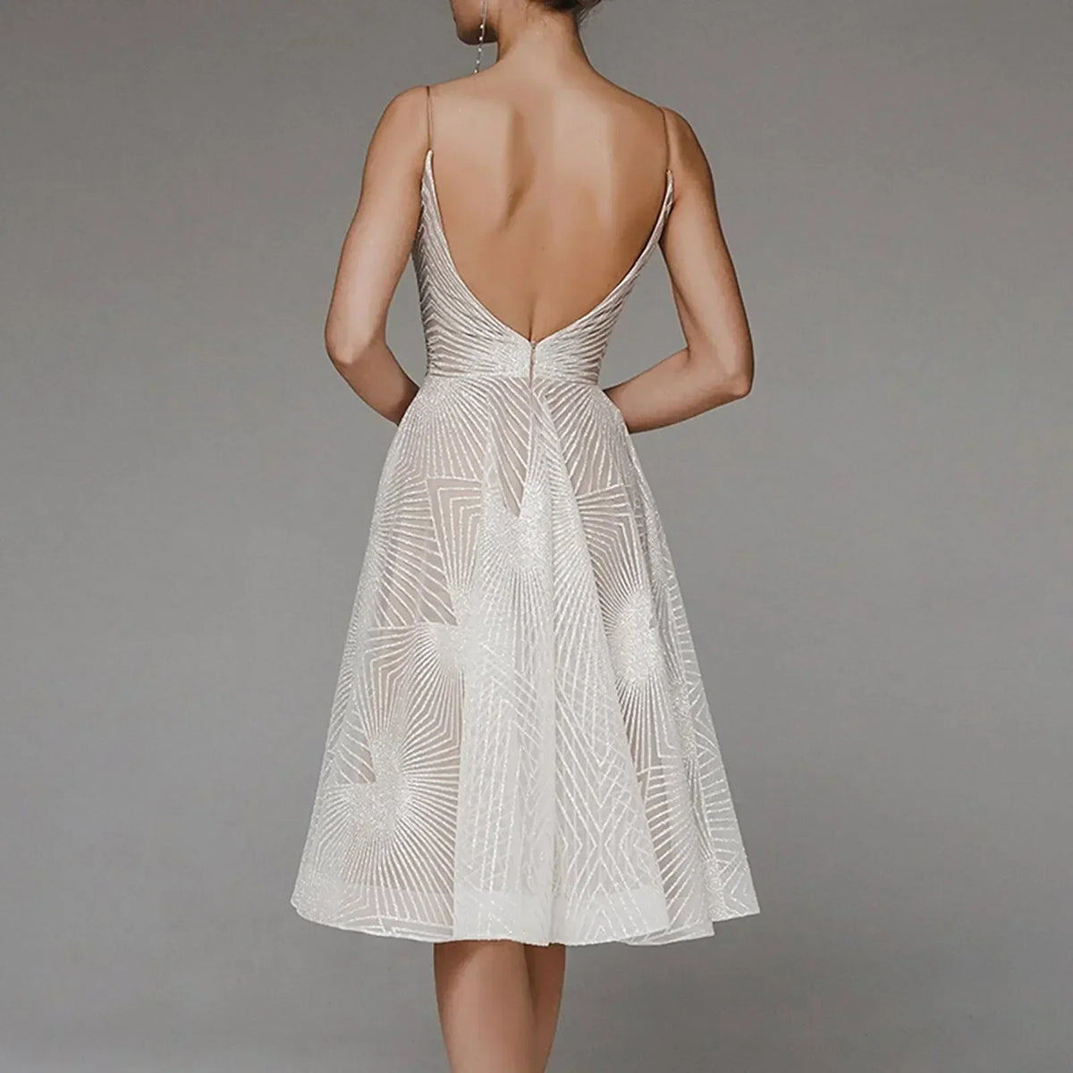 Glitter Spaghetti Strap V-Neck A-Line Midi Party Dress - View 4