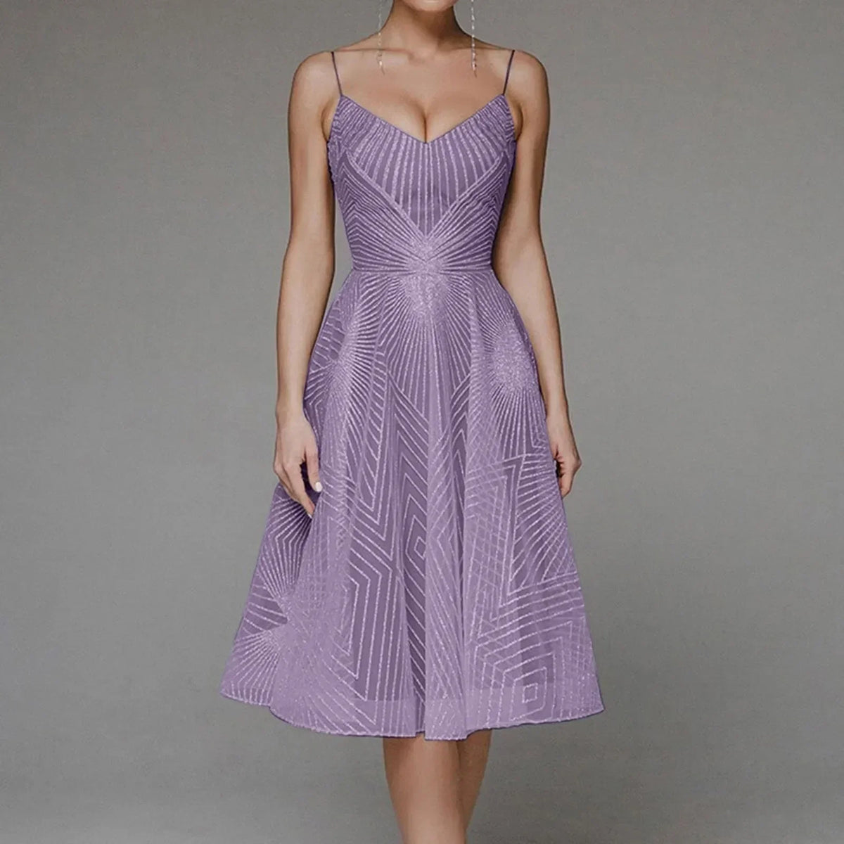Glitter Spaghetti Strap V-Neck A-Line Midi Party Dress - View 12