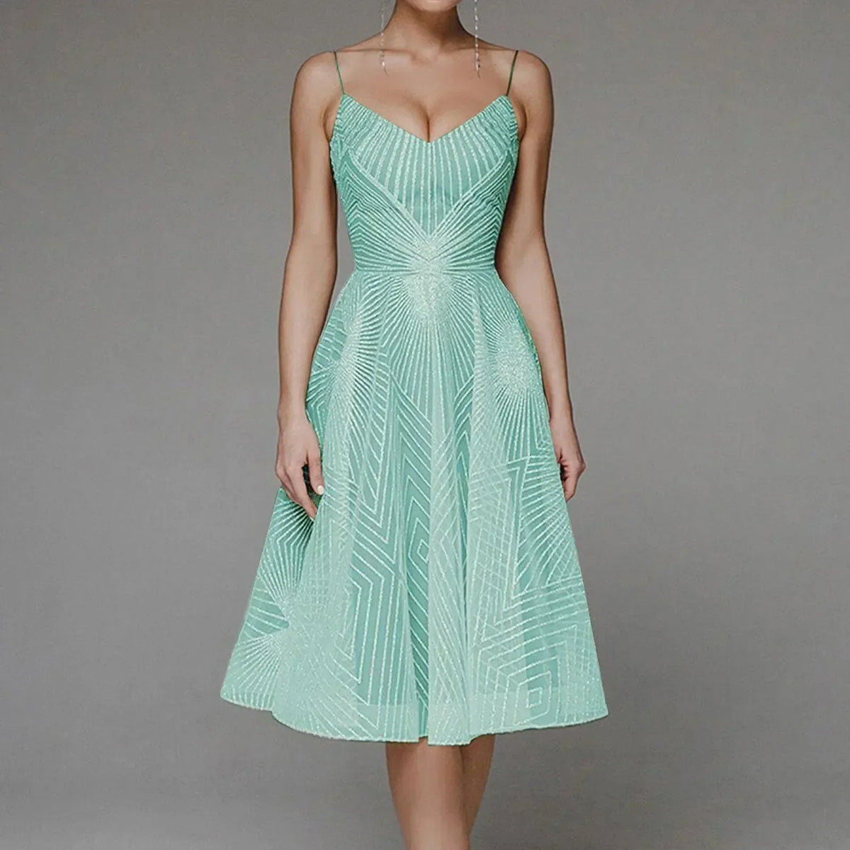 Glitter Spaghetti Strap V-Neck A-Line Midi Party Dress - View 10