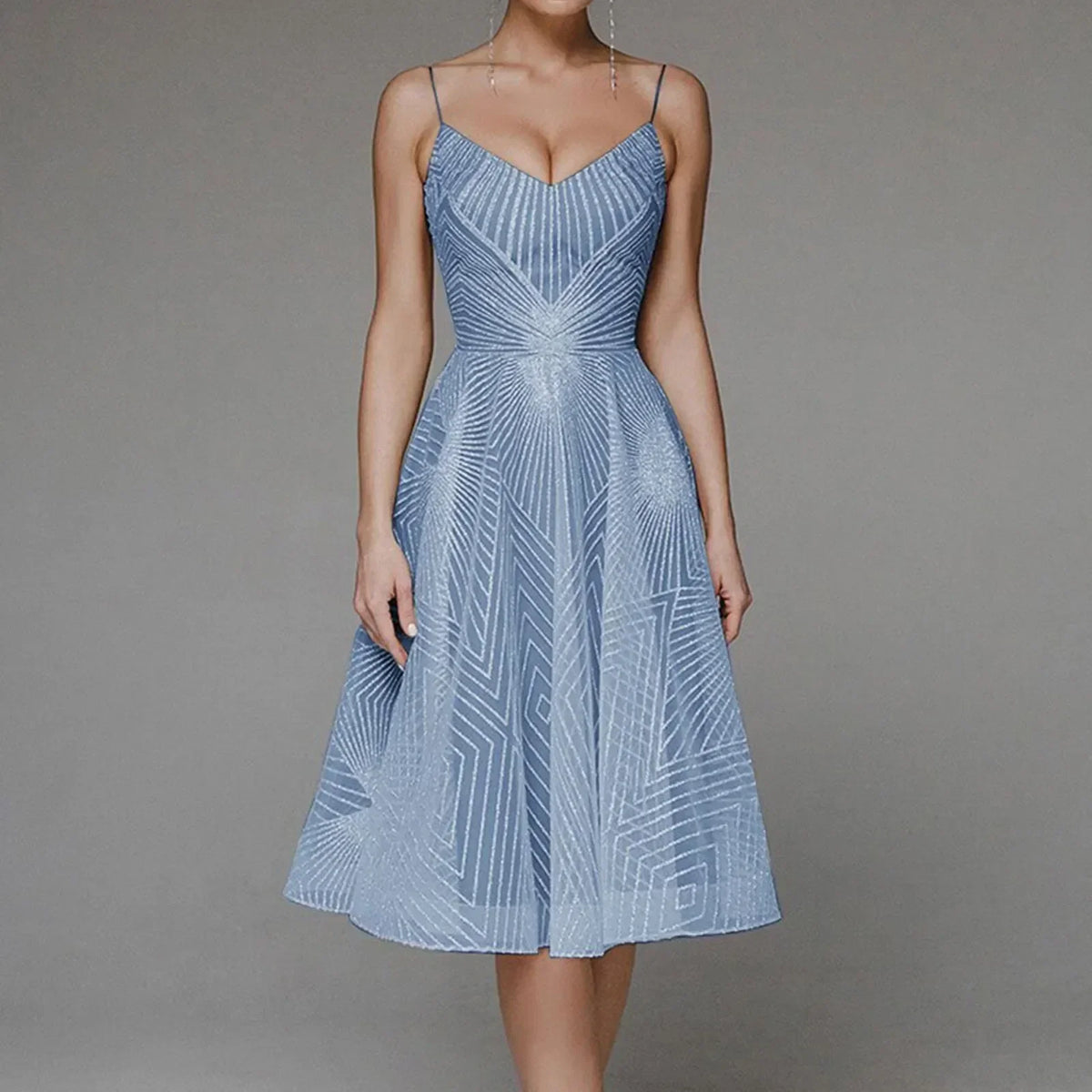 Glitter Spaghetti Strap V-Neck A-Line Midi Party Dress - View 9