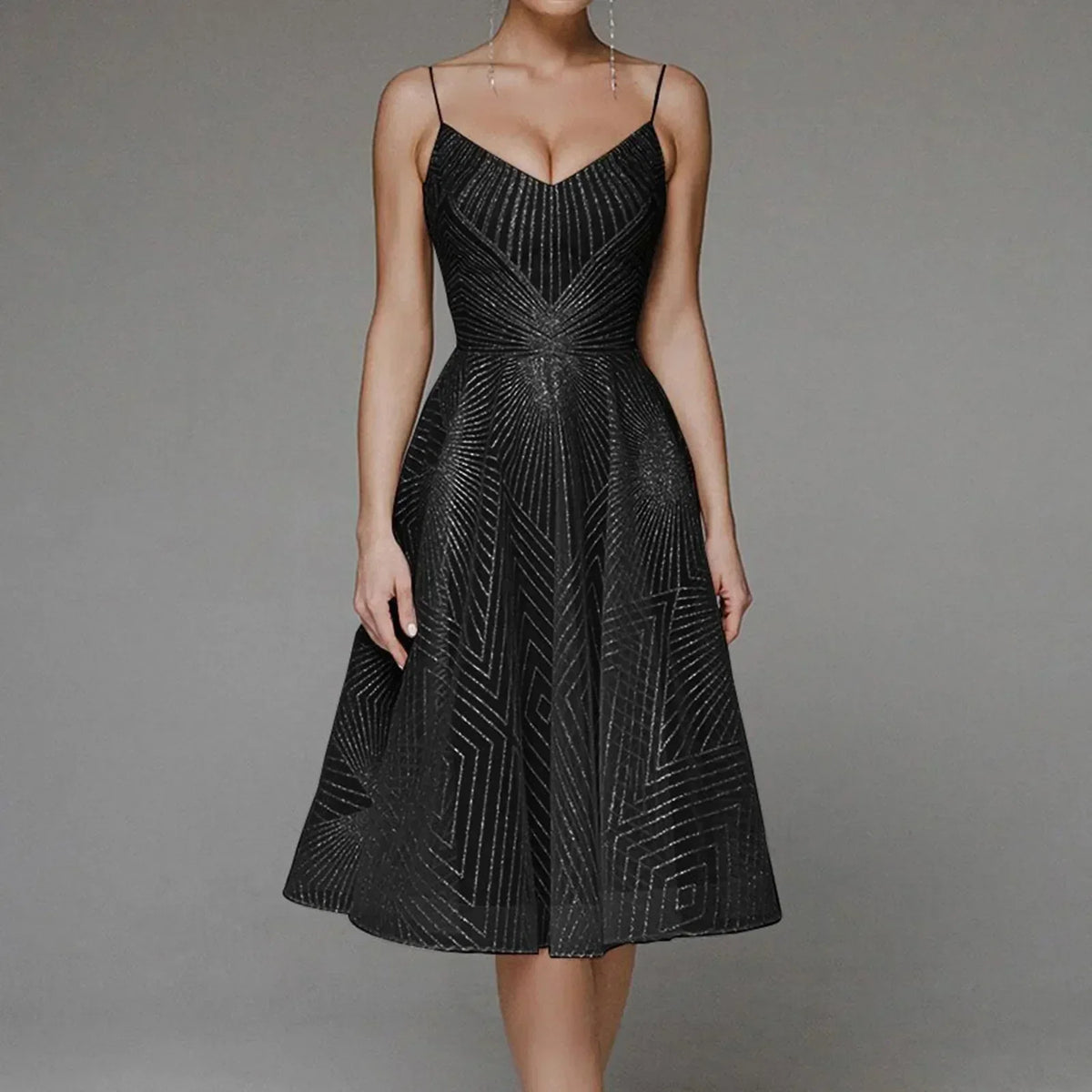 Glitter Spaghetti Strap V-Neck A-Line Midi Party Dress in Black - View 8
