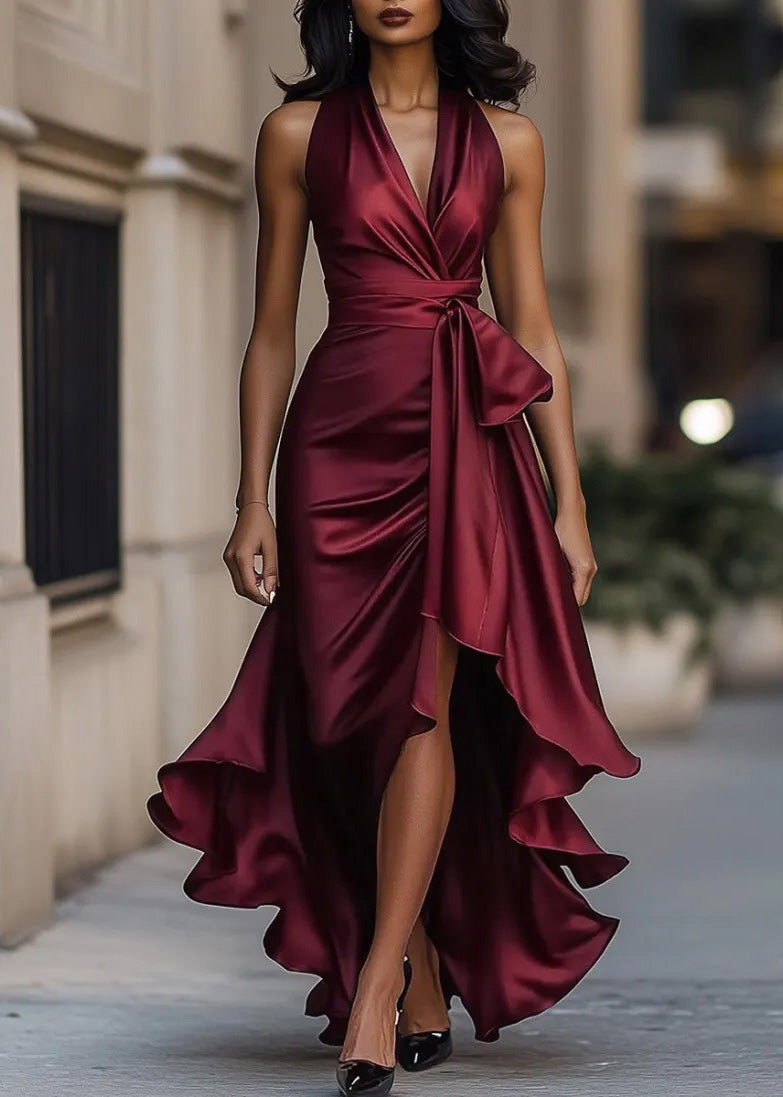Halter Neck Deep V-Neck Bow Belt Wrap Ruffle High Low Gown