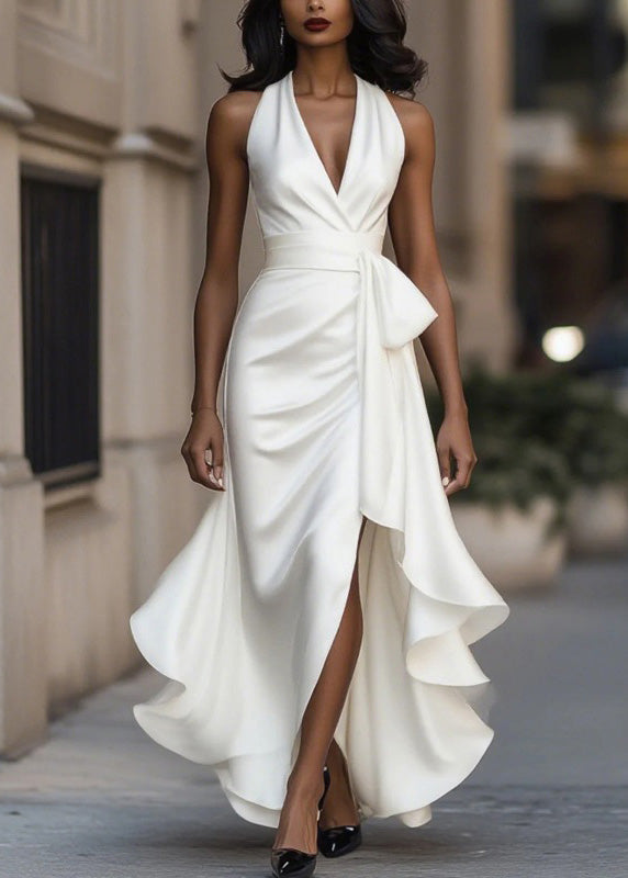 Halter Neck Deep V-Neck Bow Belt Wrap Ruffle High Low Gown - View 2