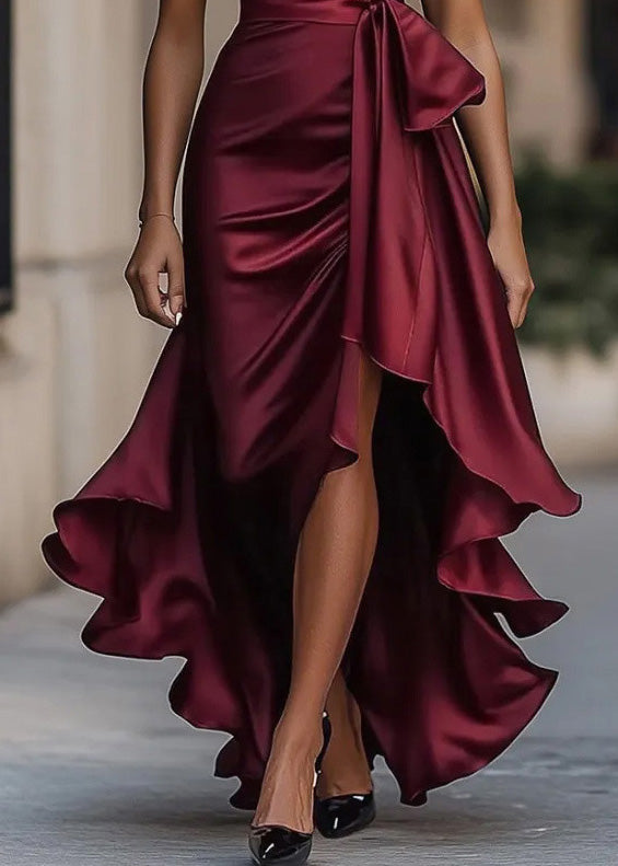 Halter Neck Deep V-Neck Bow Belt Wrap Ruffle High Low Gown - View 4