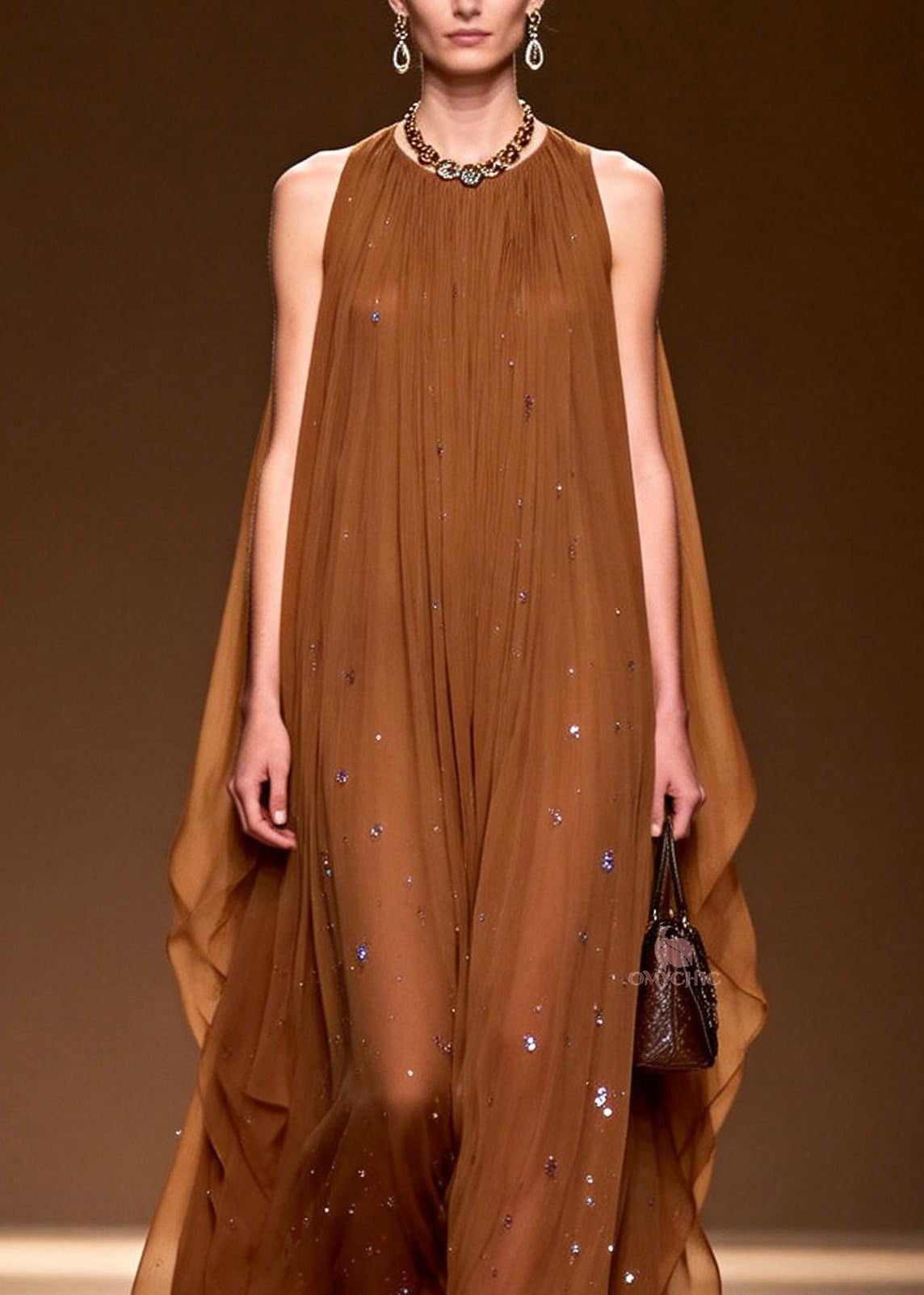 Sequin Pleated Halter Neck Sheer Cape Overlay Maxi Gown - View 2