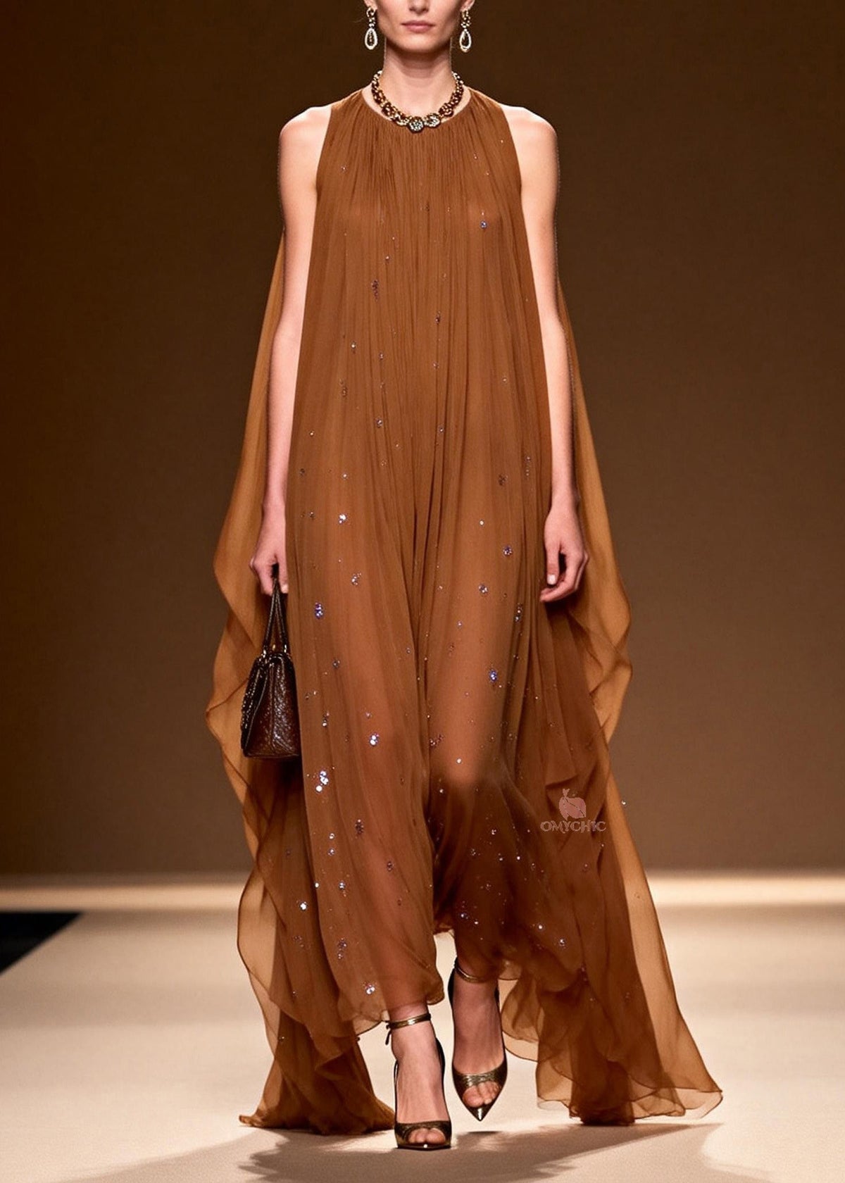 Sequin Pleated Halter Neck Sheer Cape Overlay Maxi Gown - View 3