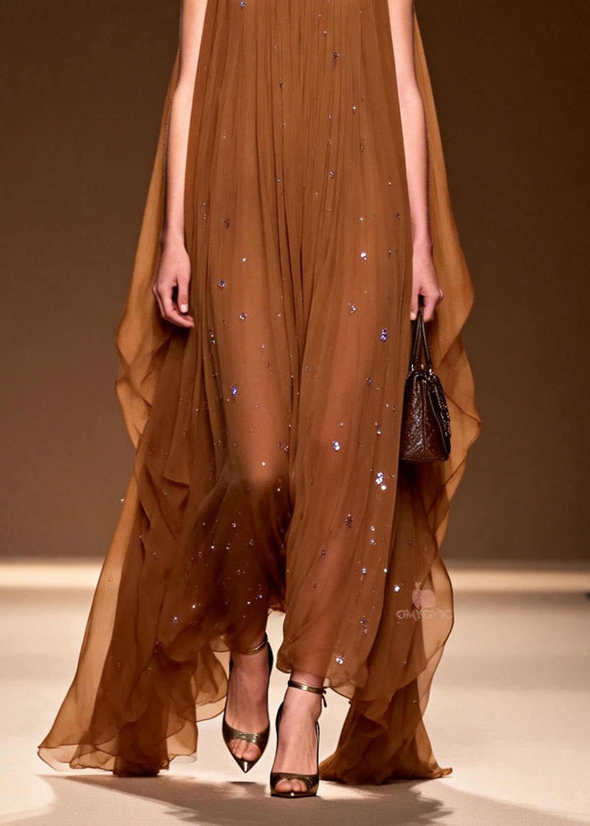 Sequin Pleated Halter Neck Sheer Cape Overlay Maxi Gown - View 4