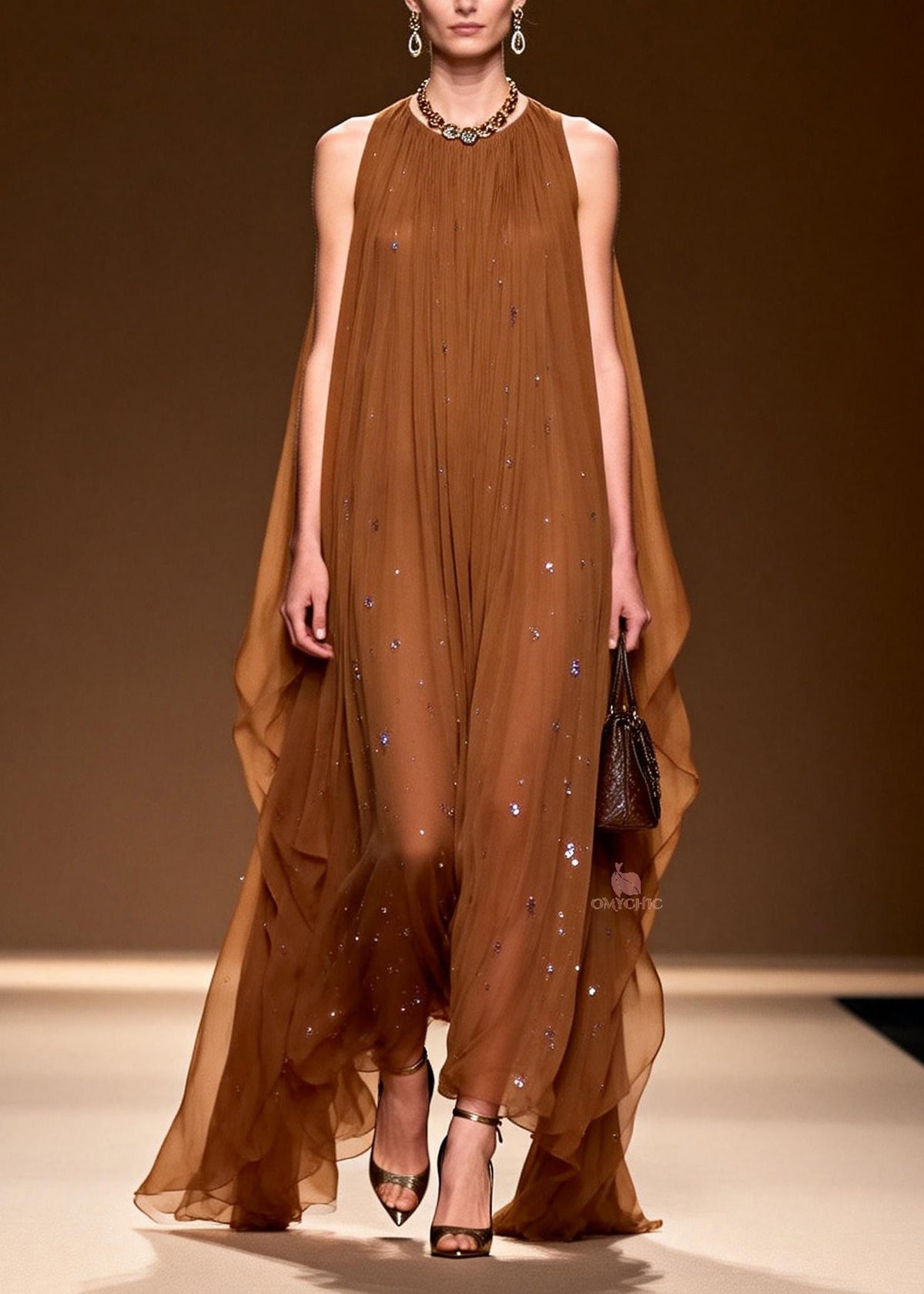 Sequin Pleated Halter Neck Sheer Cape Overlay Maxi Gown - View 5