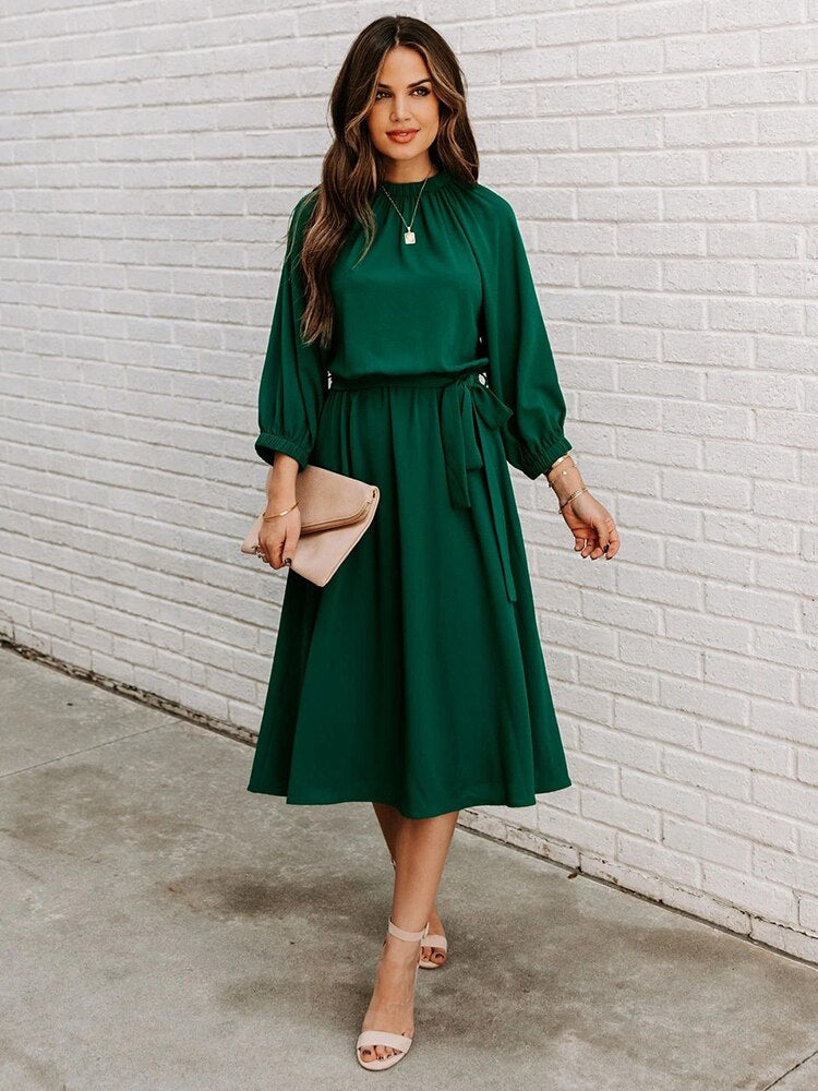Mock Neck Long Sleeve Belted A-Line Midi Dress - View 2